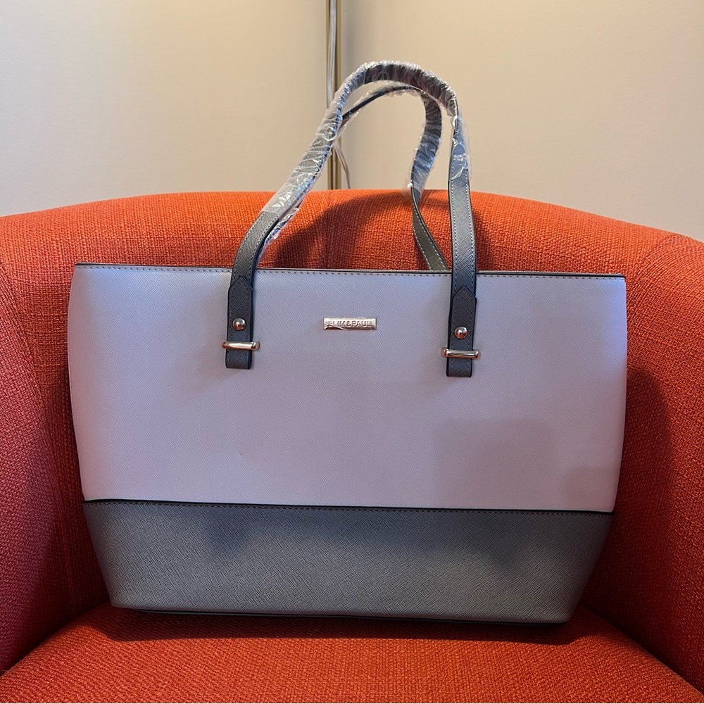 Elim & Paul Two-Tone Cream & Gray Structured Tote Handbag